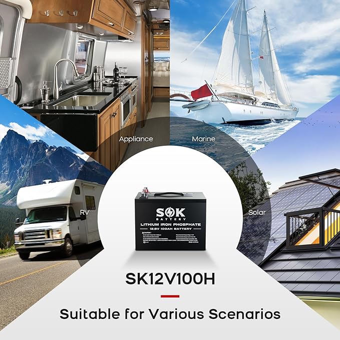 SOK Battery 100Ah 12V 2-Pack LiFePO4 Deep Cycle Lithium Iron Phosphate Batteries - Ideal for RVs & Off-Grid Use with Low-Temperature Protection.