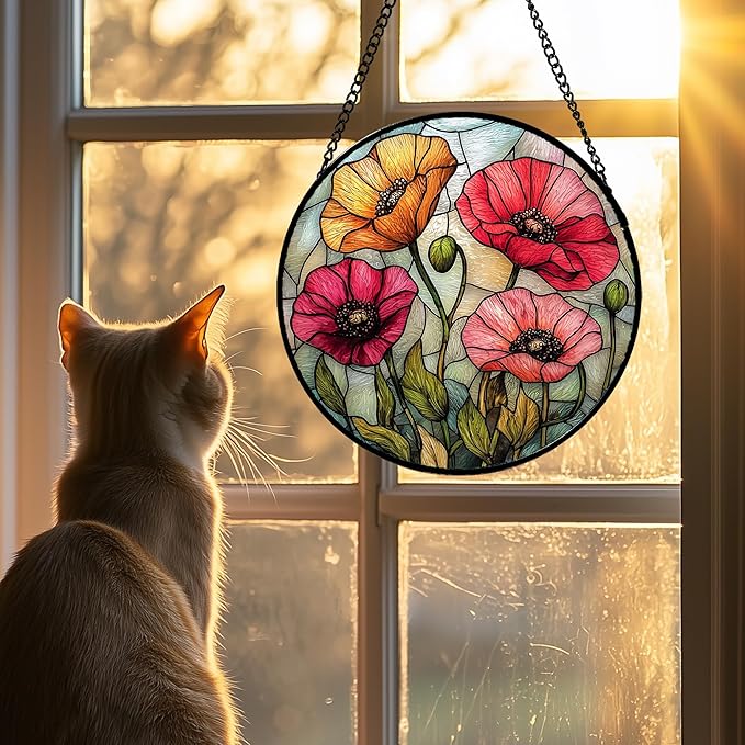 AMDERVEN Stained Glass Suncatcher, Red Orange Poppy Flowers Sun Catcher Silver Background Wildflowers Window Hanging Decor Christmas Mother Birthday Gifts for Women Men Mom Nana 7.8 in