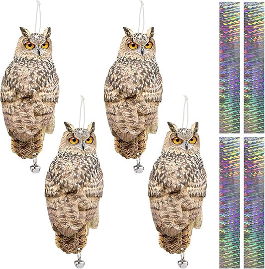 4PCS Reflective Hanging Ow Scarer Devices Owl Hanging Decoration Woodpecker Control Device with Reflective Tape for Garden Patio Windows Farm