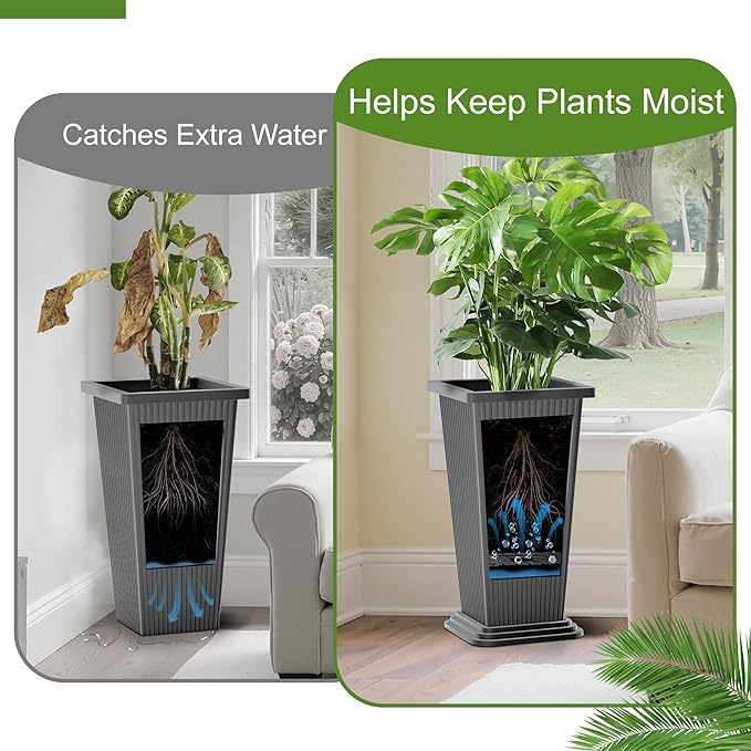 24-Inch Tall Planters Set of 2 for Outdoor and Indoor Use,Tapered Flower Pots with Drainage Tray, Front Porch and Patio Decor,Ideal for Large Plants (Stripes-Grey)