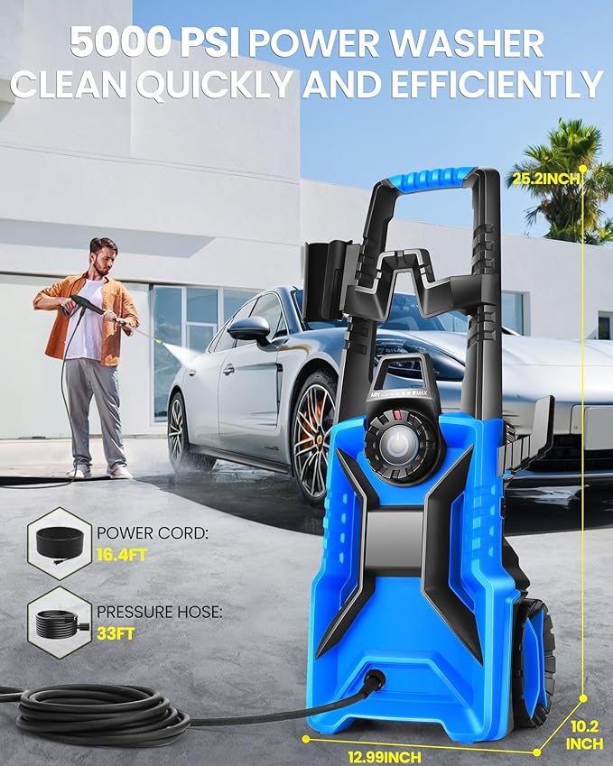 5000PSI Electric Pressure Washer 3.0GPM High Power Washer with 33ft Pressure Hose, 4 Nozzles and 500ml Foam Cannon for Cars/Fences/Driveways/Patios/Home Cleaning (Light Blue)