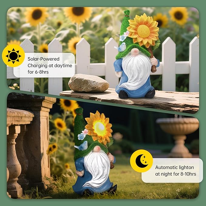 Ayadon Solar Gnome Statue Outdoor Decor,Gnome Figurines with Glowing Sunflower LED Light Decoratons,for Garden Patio Yard Lawn Balcony,Housewarmng Christmas Fairytale Gifts for Women Mom Grandma