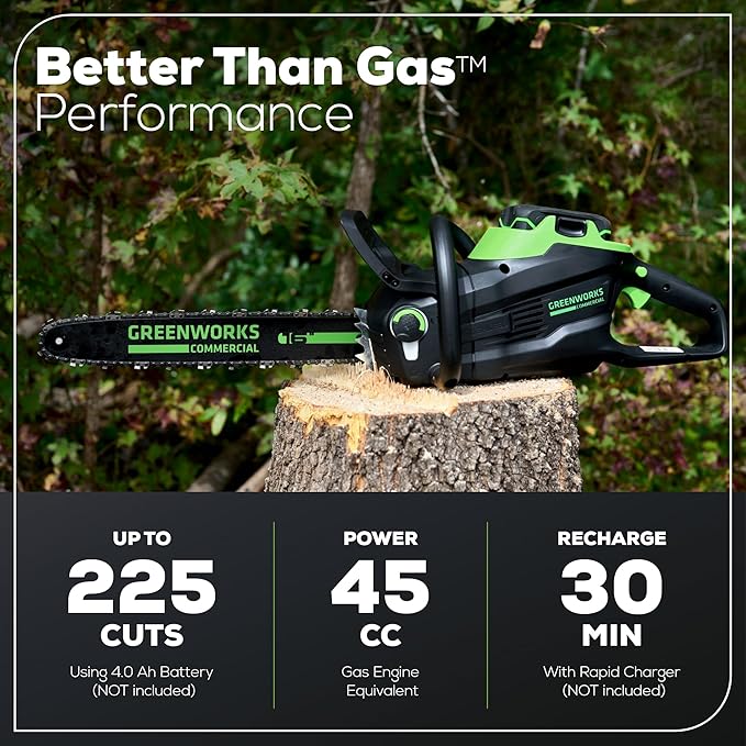 Greenworks 82V 16" Brushless (2.4 kW) Cordless Chainsaw (225 Cuts Per Charge), 4.0Ah Battery and Dual Port Rapid Charger (Great For Landscapers and Professionals