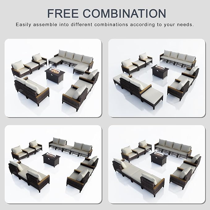 15 Pieces Outdoor Furniture Set, Modern Patio Conversation Sets with Fire Pit Table and Armchairs, Wicker Rattan Sofa Couches Chairs Ottomans for Porch, Deck, Balcony, Backyard, Yard (Beige Cushions)