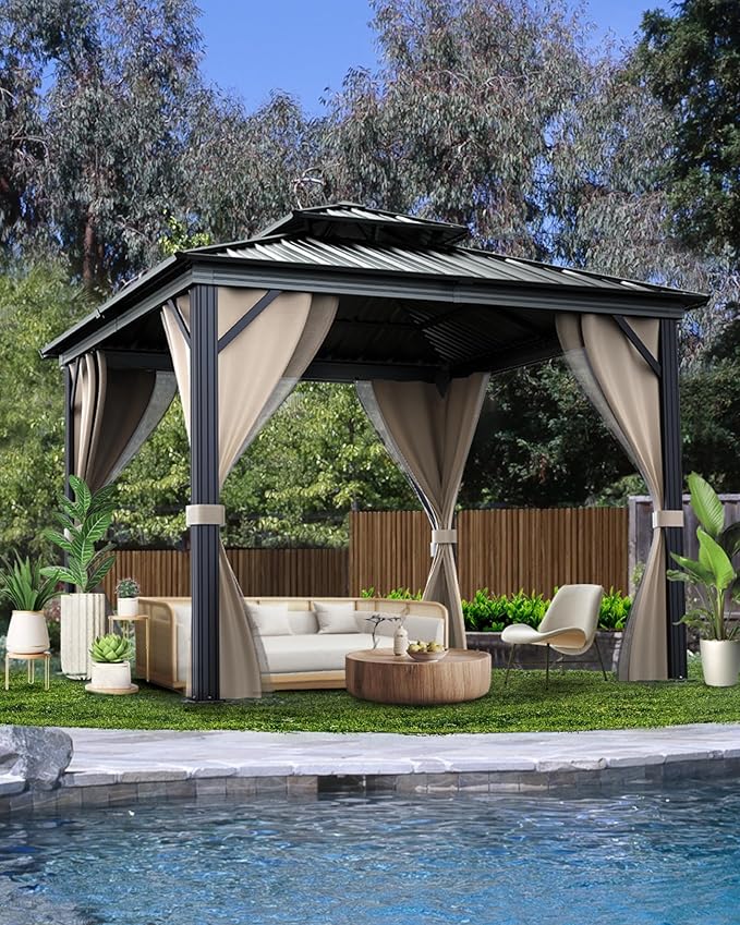 GarveeLife 10 ft x10 ft Hardtop Gazebo for All Weather, with Double Metal Roof, Aluminum Alloy Frame, Net, and Curtain, Permanent Building for Patio, Deck, Backyard, Lawn, and Garden