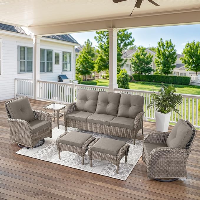Belord 5 Pieces Wicker Patio Furniture Set - Swivel Rocker Outdoor Chairs with Ottomans and Side Table, Small Patio Conversation Set for Deck Porch Backyard