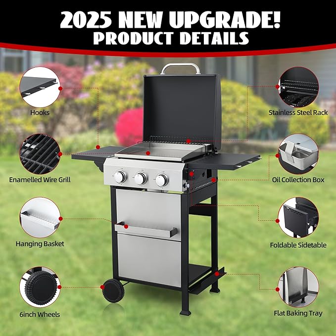 3-Burner Flat Top Propane Gas Grill Stainless Steel Griddle Combo with Foldable Side Table, 36,900 BTU Outdoor BBQ Grill, Porcelain-Enameled Cast Iron Grids, for Backyard, Patio Cooking