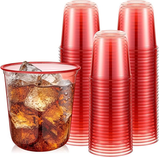 50pcs Disposable Stemless Glasses 12oz Crystal Plastic Wine Glasses Clear Classic Pet Cup for Meeting Weddings Birthdays Cocktail Christmas Party Supplies (Red)