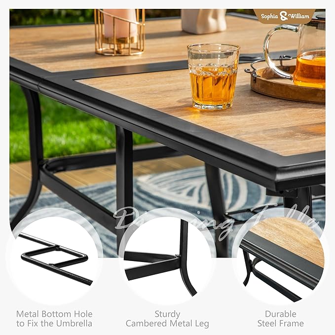 Sophia & William Outdoor Table, Rectangular Patio Table for 6, Large Patio Dining Table with Faux Wood Tabletop and Metal Steel Frame, Outdoor Dining Table with 1.6"-2" Adjustable Umbrella Hole