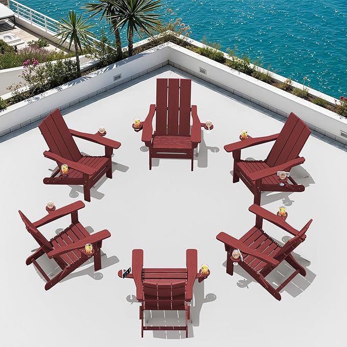 SERWALL Folding Adirondack Chair with Cup Holders, Weather Resistant HDPE Modern Adirondack Chair Set of 6, Plastic Outdoor Fire Pit Chairs, Red
