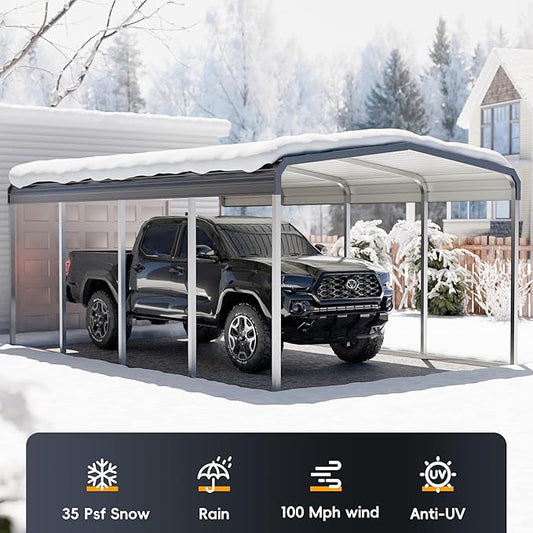 Heavy Duty Metal Carport Kits with Galvanized Steel Roof and Frame, Outdoor Carport Canopy Enhanced Base, Extra Large Car Tent Garage Shelter for Car, SUV, Truck and Boats (12x20 FT, Gray)