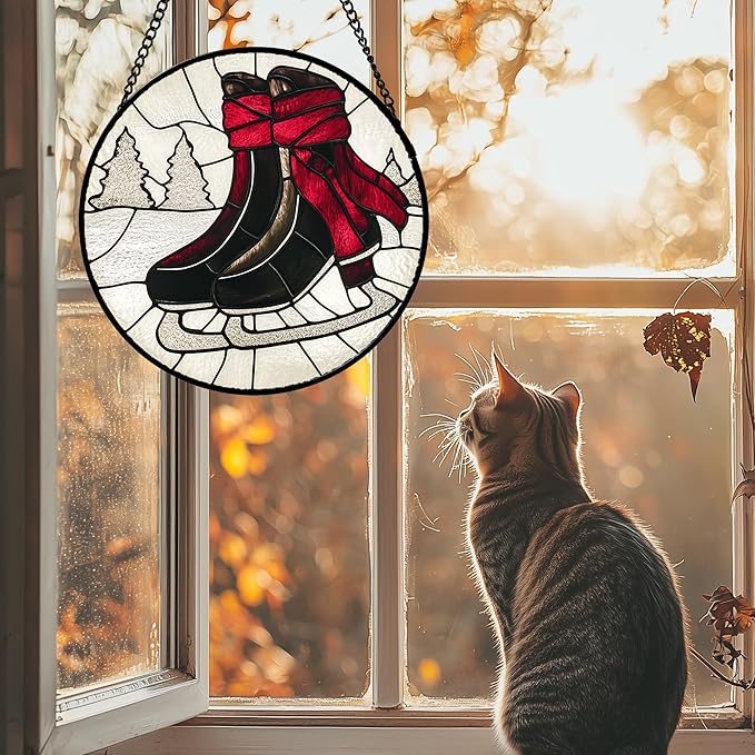 AMDERVEN Stained Glass Window Hanging 4 Pcs Set Winter Skiing Red Christmas House Large 15" - Suncatcher Door Garden Sun Catcher Decor Birthday Mother's Day for Mom Woman Nana Friend