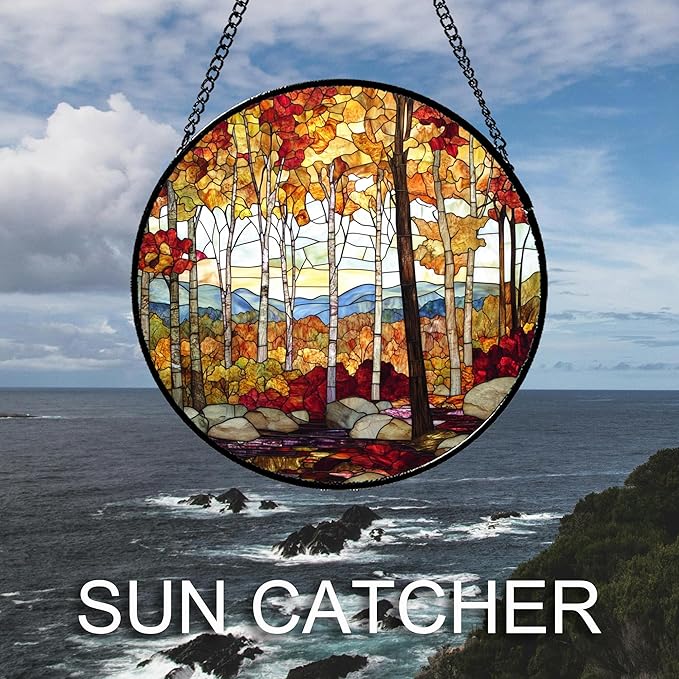 QZQCBLC Stained Glass Window Hanging Fall Birch Tree Forest Scenery Large 11.8" - Suncatcher Door Garden Sun Catcher Home Decor Birthday Christmas for Mom Men Woman Friend Nana