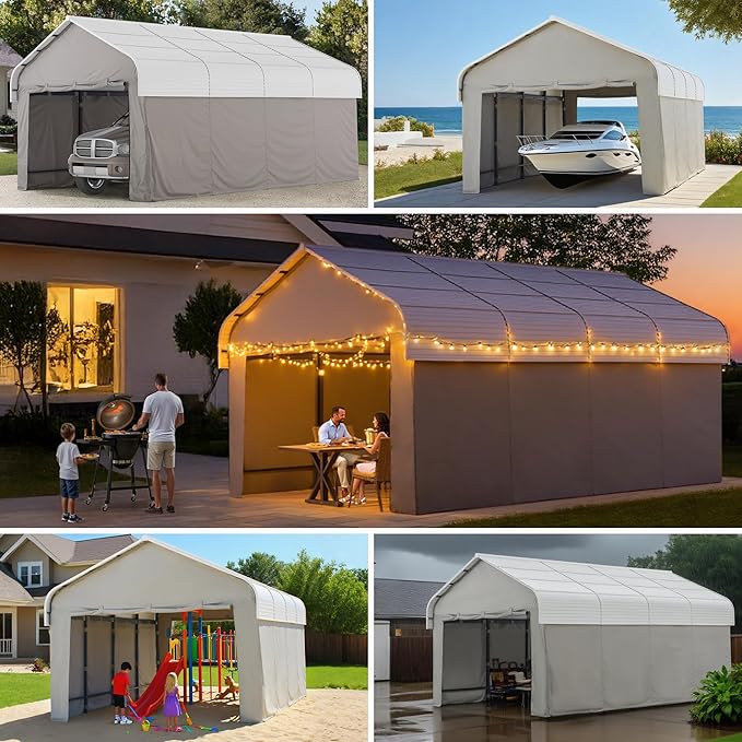 SUNJOY Carport 12 x 20 ft. Hardtop Gazebo with Fabric Enclosure & Sidewalls, Heavy Duty Garage with Powder-Coated Steel/Aluminum Roof and Frame, Gambrel Roof Carport for Car, Boat and Trailer