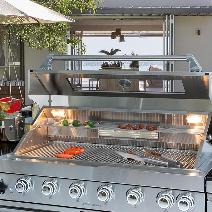 85-Inch 6-Burner 85000 BTU Deluxe Stainless Steel Gas Outdoor Kitchen Bar Barbecue Island Grill, Wine Cooler Compact Refrigerator, Rotisserie, Granite Countertops, Storage Cabinets & Drawers, Silver