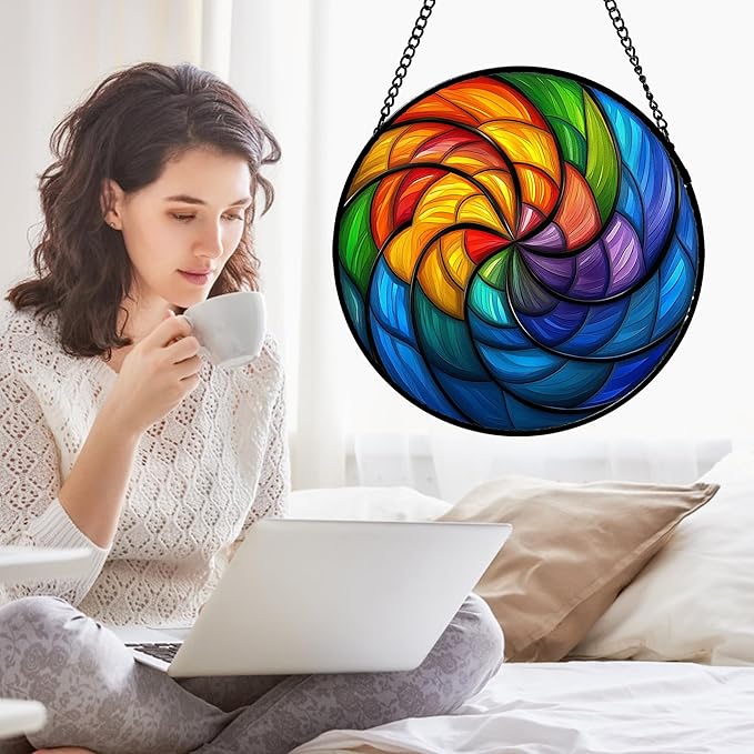 QZQCBLC Stained Glass Window Hanging Rainbow Colored Abstract Vortex Large 15" - Suncatcher Door Garden Sun Catcher Home Decor Birthday Christmas for Woman Nana Friend Men
