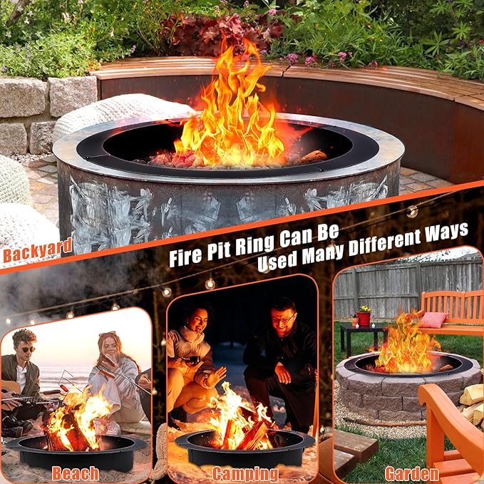 Fire Pit Ring 42-Inch Outer/36-Inch Inner Diameter for Outside Fire Pit, Heavy Duty Steel Insert, DIY Ring Insert Accessories, Easy Setup Above or In-Ground for Backyard, Camping, Black