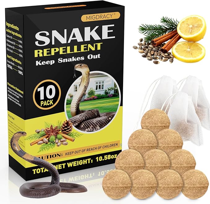 Snake Repellent Balls 10 Packs, Natural Essential Oil Formula with Peppermint, Cinnamon & Cedarwood Oils, Long-Lasting Outdoor Protection, Family & Pet Safe, Effectively Repels Multiple Snake Species