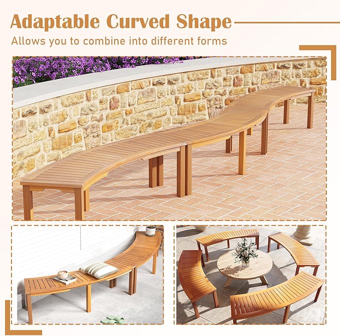RELAX4LIFE Wooden Outdoor Curved Bench - Acacia Wood Garden Bench w/Slatted Seat, 2-Person Outside Backless Seating for Porch Backyard Deck Park, 800 LBS Load Capacity, Patio Fire Pit Bench (4, 58'')