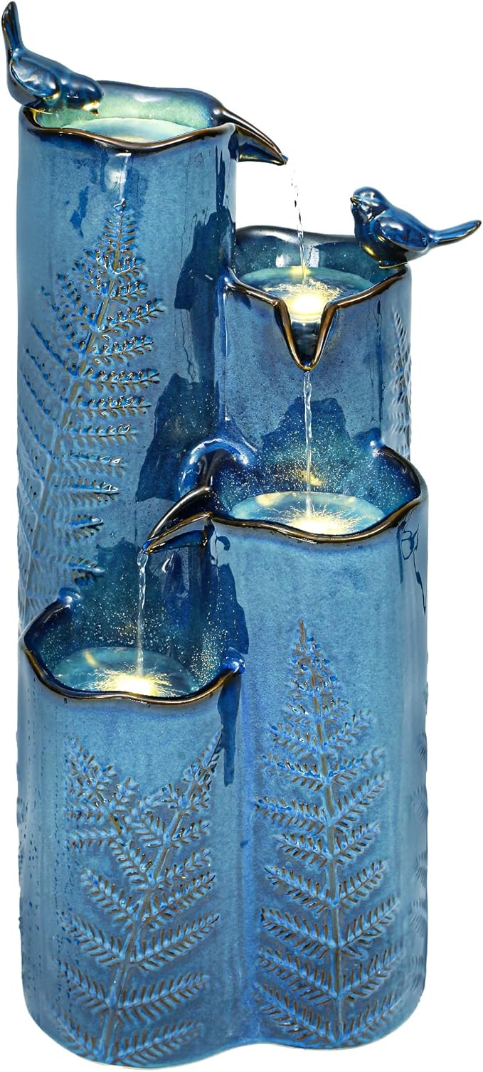 Autodaya Outdoor Water Fountain with Lights, 32" Ceramic Vase Fountain with 4-Tier Waterfall and Bird Decor, Tall Garden Waterfall with Turquoise Glaze & Tropical Fern for Patio, Yard, Balcony, Porch