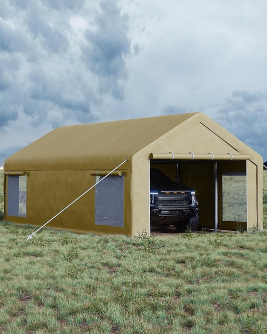 GarveeLife 13x25 ft Carport with 10 Sandbags, Car Port with 220 g PE Tarp, 2 Roll-Up Doors, and 4 Windows, for Full-Size Pickups, Bass Boats, Tractors, and SUVs, Khaki