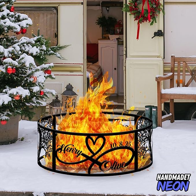 Personalized Heart Infinity Fire Pit Ring 360 Degree, Custom Name Metal Outdoor Campfire Pits, Fireplace, Bonfire, BBQ Garden Decor, Romantic Wedding Gifts for Couples, Soulmate