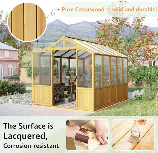 Jocisland 6x8x6.5 Ft Wooden Greenhouse, Pre-Assembled Solid Cedar Frame, Walk-in Design, Lockable Door, Adjustable Roof Vents, Polycarbonate Panels for Outdoor, Garden, Backyard