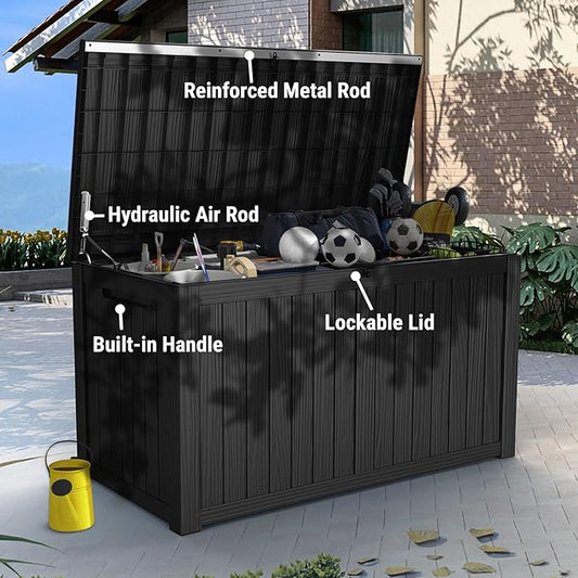 Mars Villa 180 Gallon Outdoor Storage Box, Large Waterproof Resin Deck Box for Patio Furniture Cushions, Pool Supplies, Gardening Tools, Lockable Storage Container, Weatherproof, UV Resistant, Black