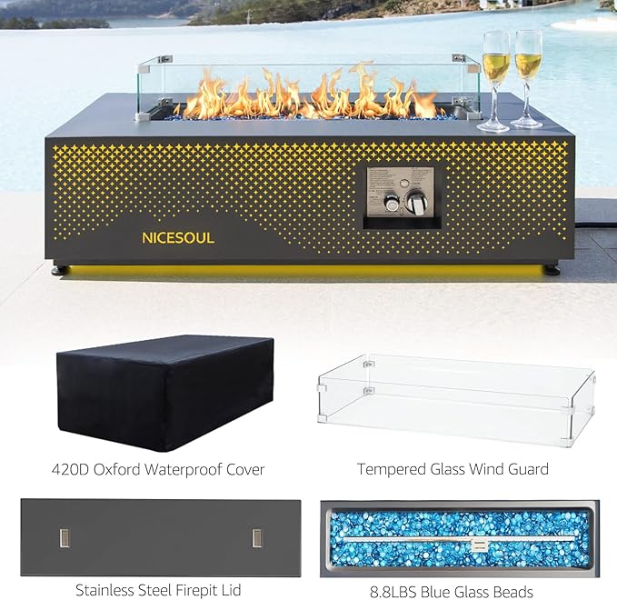 NICESOUL 42'' Propane/Natural Gas Fire Pit Table, Rectangle Firepits with Tank Table, 50000 BTU Modern Outdoor Fireplace with LED Lights for Outside Patio Backyard Deck Porch, CSA Certified, Dark Gray