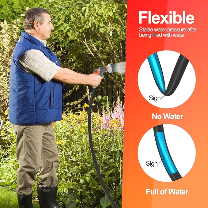 SPECILITE Garden Water Hose 25 ft x 5/8 in Heavy Duty, Flexible and Lightweight, Burst 600 psi, Kink-less Hybrid Rubber Pipe for Backyard, 3/4'' Brass Fittings, Black