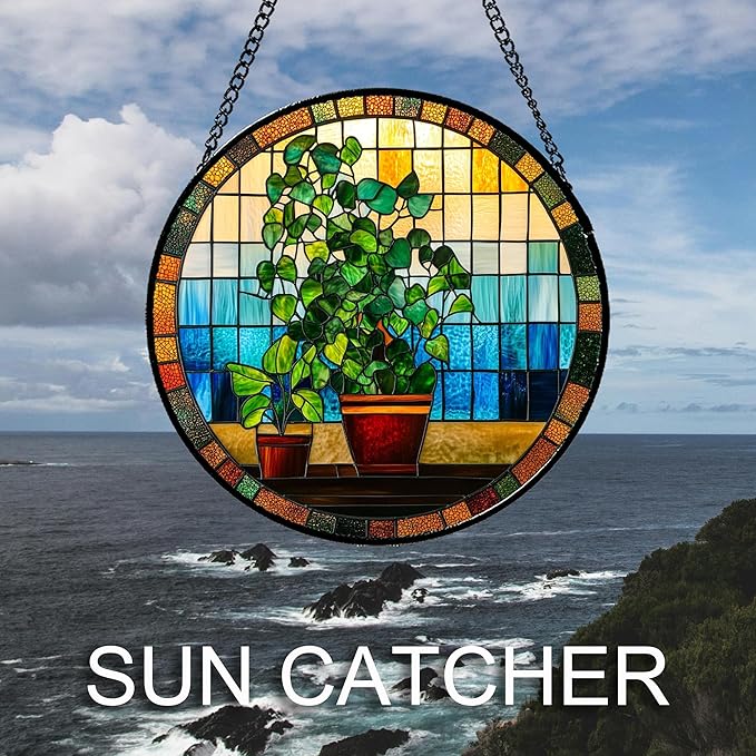 QZQCBLC Stained Glass Window Hanging Green Potted Plants 9.8" - Suncatcher Door Garden Sun Catcher Retro Home Decor Birthday Christmas for Mom Men Woman Nana Friend