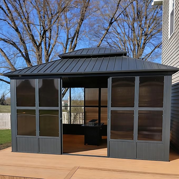 PURPLE LEAF 10' X 13' Outdoor Sunroom Solarium Permanent Hardtop Screened Gazebo Galvanized Steel Double Roof Aluminum Patio Enclosed Gazebo for Lawn Deck Backyard Grey