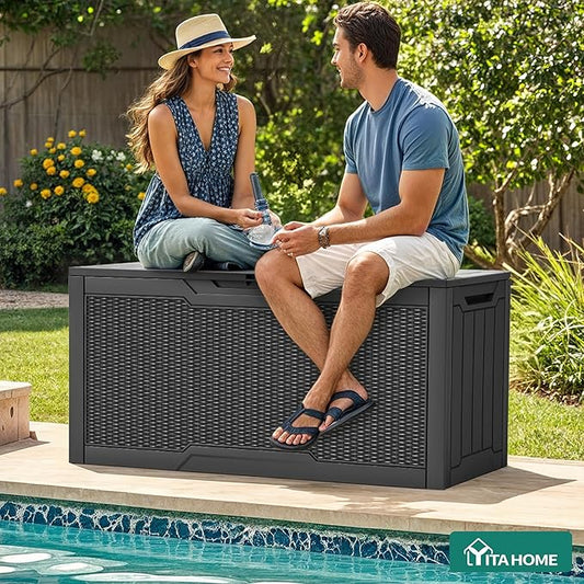 YITAHOME 80 Gallon Resin Deck Box, Weather Resistant Outdoor Rattan Storage Box, Lockable Indoor Outdoor Storage for Supplies and Essentials, Dark Gray