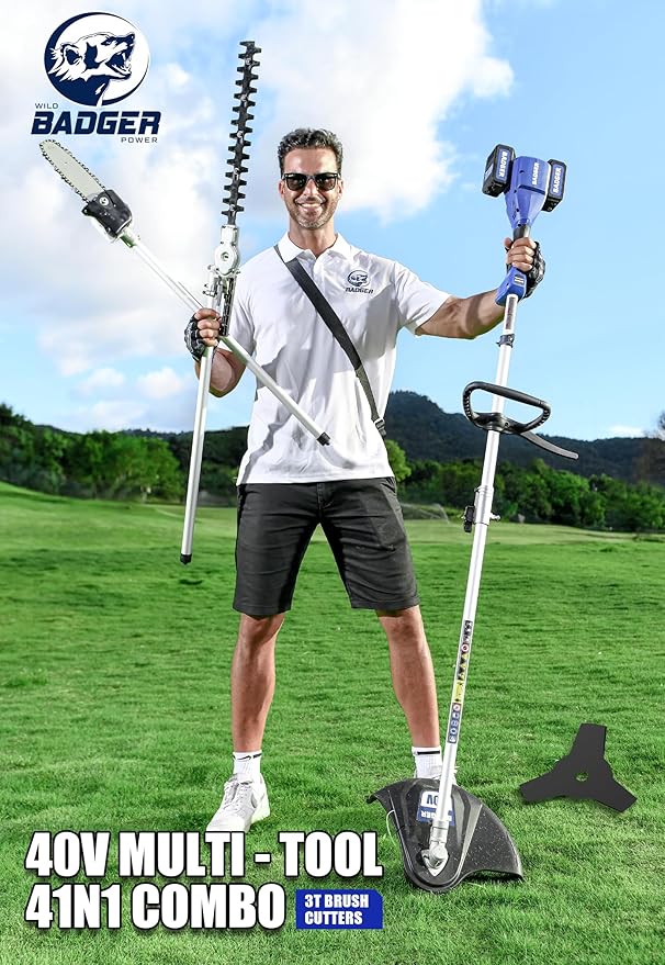 Wild Badger Power 40V Cordless Weed Wacker, String Trimmer/Edger, Pole Saw, Hedge Trimmer and Brush Cutter Blade, Attachment Capable 4-in-1 Multi-Tool Kit with 2 * 20V 4Ah Battery and 1*Charger