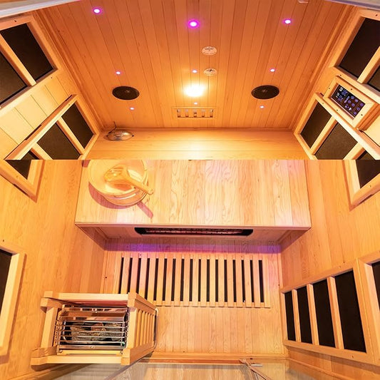 Wood Home Hybrid Sauna for 2 Person, Far Infrared & Steam Dual System Indoor Traditional Saunas, 1900W/3.5KW, 9 Heating Elements and Heating Stove, Speaker, Oxygen Bar, Water Bucket, Rocks, Hemlock