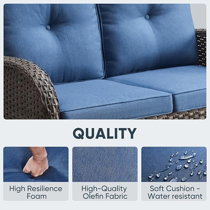 Belord 5 Piece Wicker Patio Furniture Set - Outdoor Conversation Sets with Deep Seating Swivel Rocker Chairs Loveseat and Rattan Coffee Table for Deck Backyard Poolside, Brown Wicker/Blue Cushion