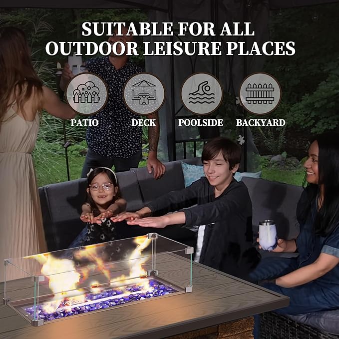PIZZELLO 43” Propane Fire Pit Table Outdoor Rectangular Stone Firepit Table 50,000 Btu Propane Fire Tables for Outside Patio with Glass Wind Guard, Lid, Fire Glass Beads,Brown Rock Look