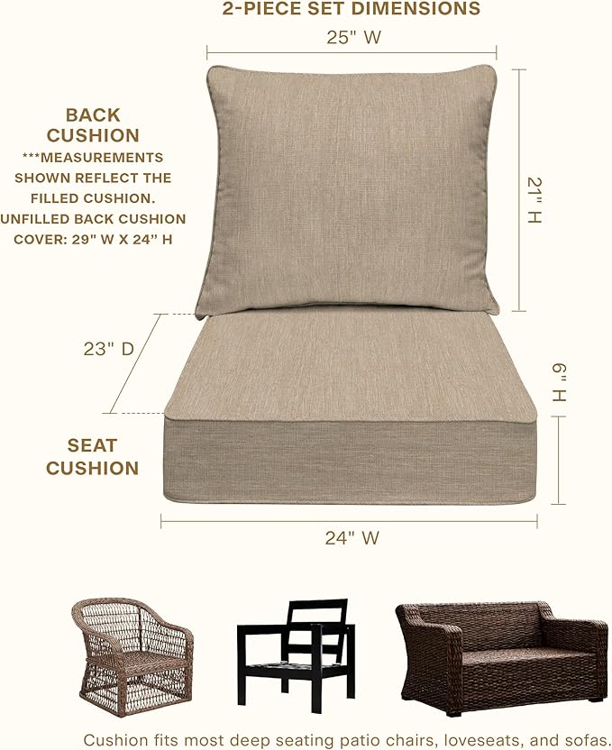 Honeycomb Outdoor Heritage Deep Seat, 24 x 23, Textured Solid Birch Tan Chair Cushion for Patio Furniture