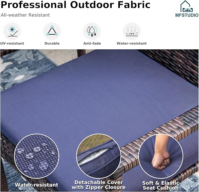 MFSTUDIO 9 Pieces Outdoor Patio Dining Furniture Set for 8,1 Large Rectangle Metal Table with 1.7'' Umbrella Hole and 8 Wicker Sofa Chairs with Navy Cushions, Outdoor Table and Chairs Dining Set for 8
