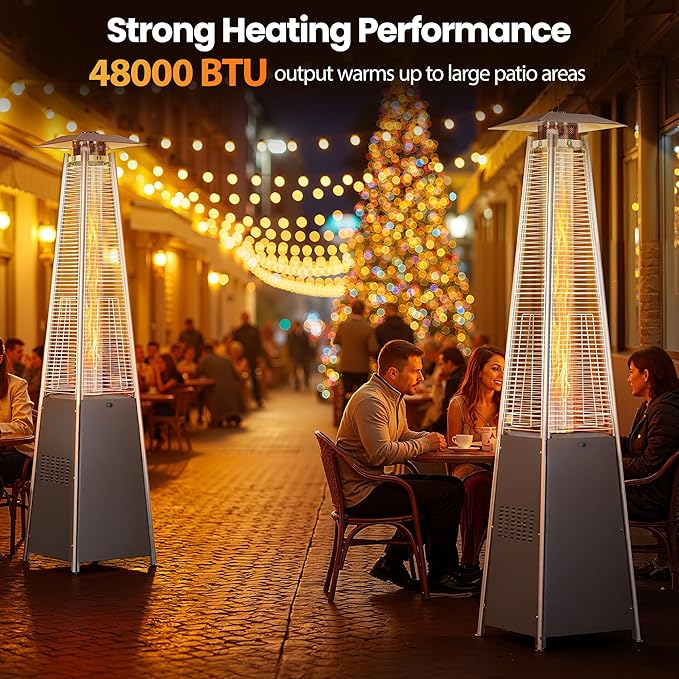 Pyramid Propane Patio Heater, 48,000 BTU Outdoor Patio Heater with Glass Tube Flame & Cover, CSA Certified Gas Heater for Backyard, Garden, Restaurant (1 Heater)