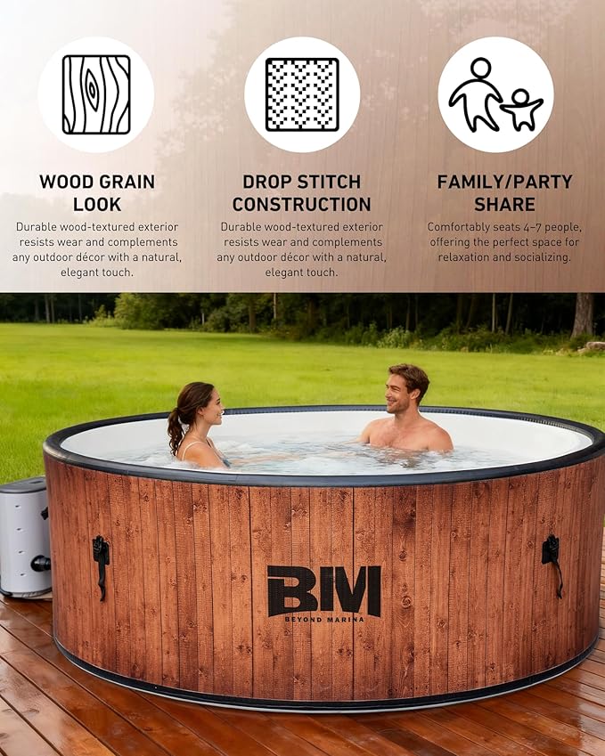 Beyond Marina Inflatable Hot Tub, 7 Person Outdoor Portable Spa, Drop Stitch Wood Grain Hot Tub with Bubble Massage System for Home and Personal Relaxation, Fast Heating, Foam Mats