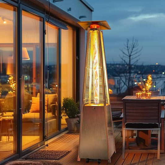 48,000 BTU Flame Pyramid Pool Heater With Cover, Stainless Steel Triple Safety Protection Patio Heater with Patio Cover, Warm Glass Tube Portable with Durable Wheels-Stainless Steel Color