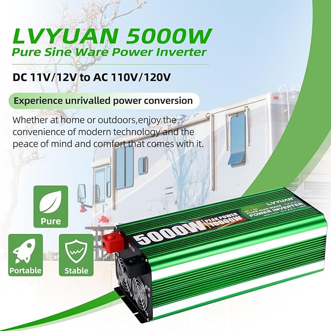 LVYUAN 5000 Watt Heavy Duty 10000(Peak) Pure Sine Wave Power Inverter 12V DC to 110V/120V AC Converter with 4 Sockets, LCD Display, Remote Control and USB Port for Home, RV, Truck, Solar, Emergency