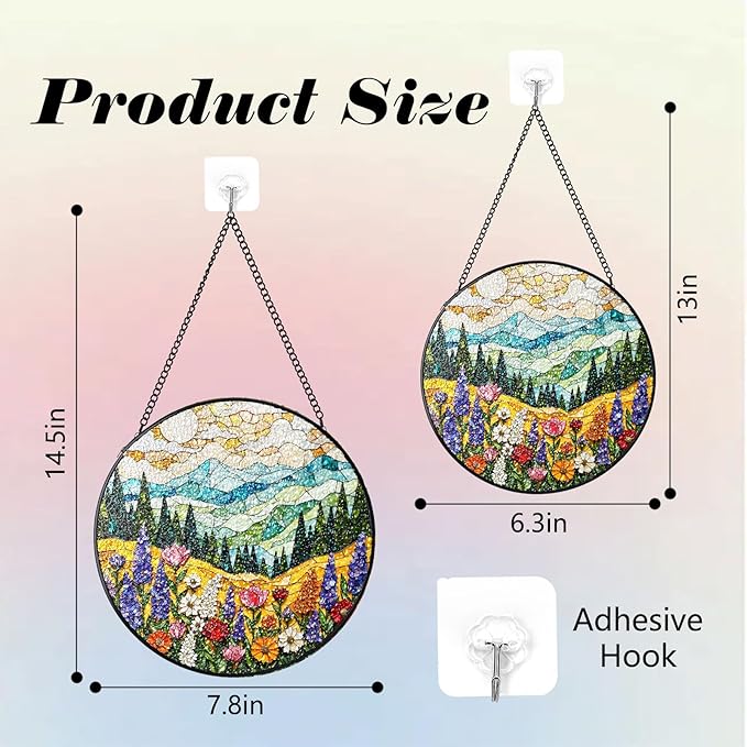 Stained Glass Window Hanging, Colorful Flowers Mountain Stained Glass Suncatchers Indoor Windows Glass Panel Garden Hanging Decor Birthday for Women 6.3 in