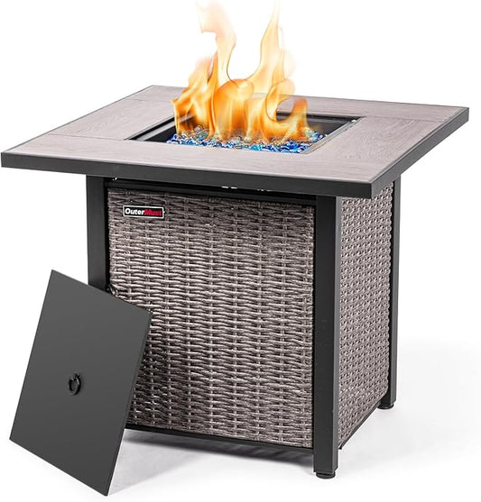 30 Inch Propane Fire Pit Table, 50,000 BTU Electronic-Ignition Rattan Patio Gas Fire Pit with Lid & Blue Glass Bead, Outdoor Fireplace for Dining or Party, Black