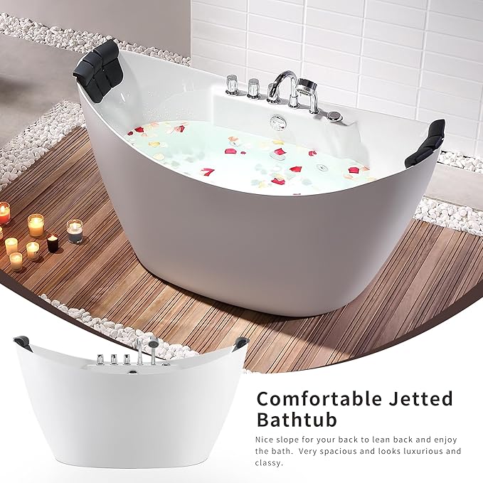 Empava Whirlpool Bathtub, 67-Inch Freestanding Bathtub Oval with 8 Hydromassage Adjustable Water Jets Luxury Acrylic Massage SPA Soaking Bath Tub in Double Ended, White