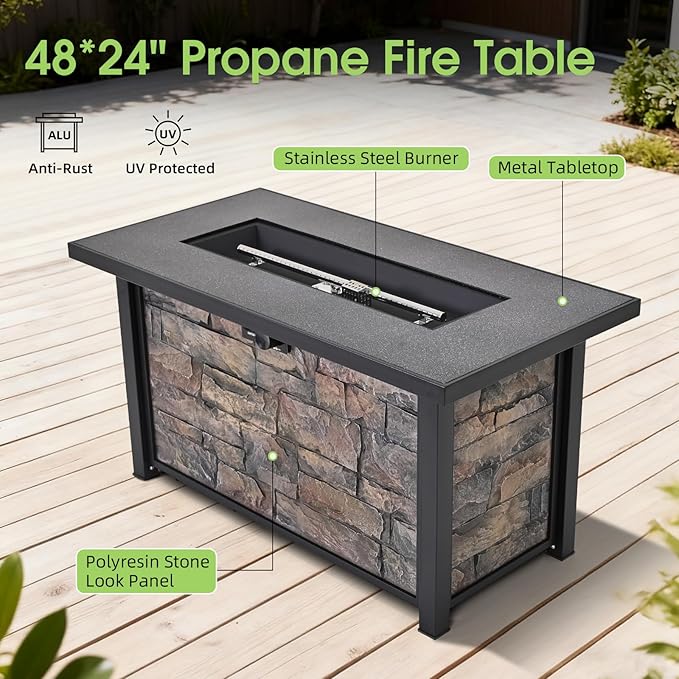 48" Propane Gas Fire Pit Table，Metal Tabletop & Polyresin Stone Look Base, with Metal Lid,Lava Rocks & Waterproof Cover, for Outside ，50000 BTU, Wide Top Surface,Christmas