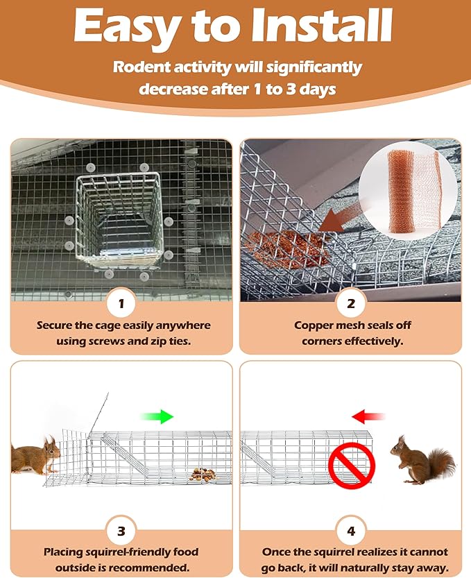 One Way Squirrel Door Excluder, Humane Squirrel Trap, 11 × 3 × 3 inch Rodents Excluder, Includes Full Installation Kit with Screws, Pressure Plate, Cable tie & Copper mesh, One Way Traps