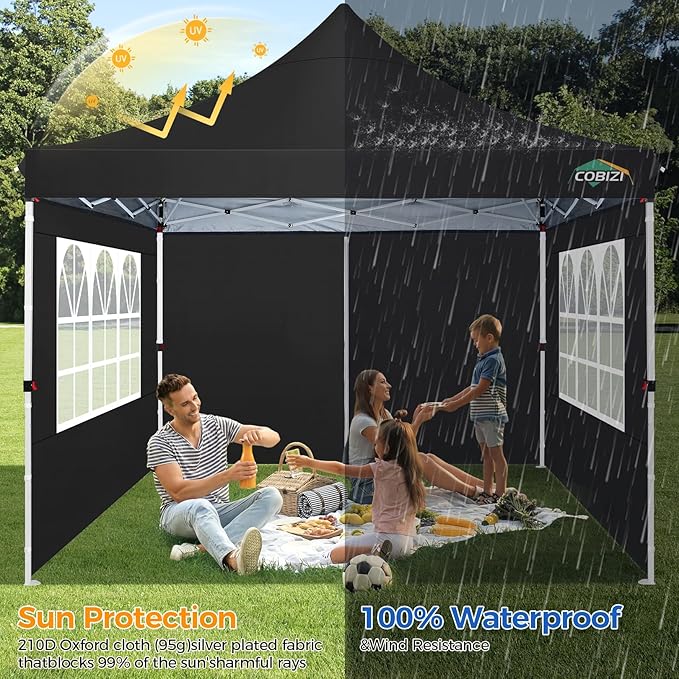 COBIZI 10x10ft Pop Up Canopy with 4 Removable Sidewalls, Easy Up Commercial Gazebos, Waterproof and UV50+ Gazebo with Portable Bag, Adjustable Leg Heights, Tents for Parties, with 4 sandbags