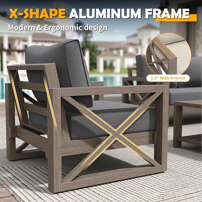 Amopatio Aluminum Patio Furniture with Fire Pit, 6 Pcs Metal Patio Sofa Sets with Aluminum Fire Pit Table, Modern Outdoor Furniture with 6" Cushion, Dark Grey (Included Waterproof Covers)